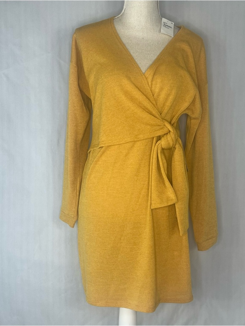 West K Dress Mustard Yellow Faux Wrap V Neckline Long Sleeves M👍